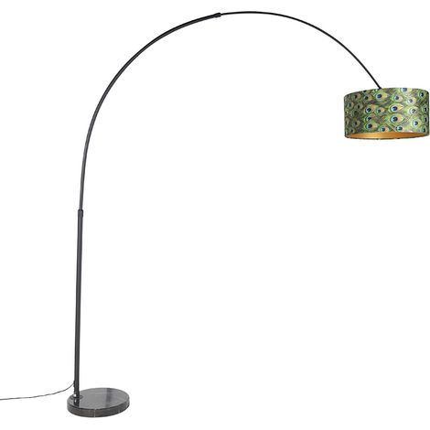 Botanical Arc Lamp Black Velvet Lampshade Peacock Design 50 cm - XXL