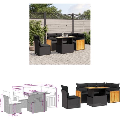Salon de jardin 6 pcs avec coussins noir résine tressée - Ensemble Salon De Jardin - Mobilier Extérieur - Table Basse Extensible - Chaise Lounge - Fauteuil Pliable - Home & Living (1/3)