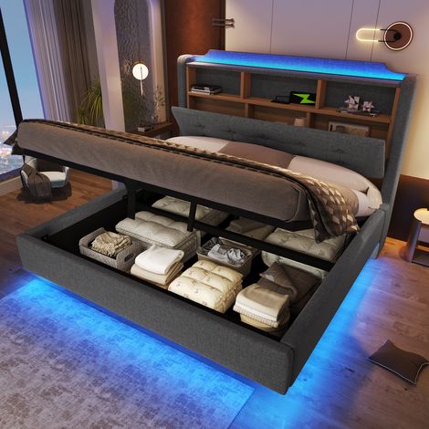Polsterbett Leinen Grau 140x200 cm mit hydraulischem Stauraum, LED-Lichtleiste und USB-/Typ-C-Anschlüssen