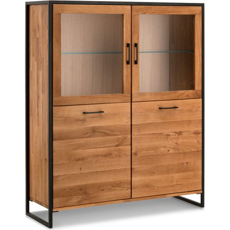 Highboard Eiche massiv geölt FORST-64, inkl. Beleuchtung, B/H/T: ca. 115/138/39 cm (1/5)