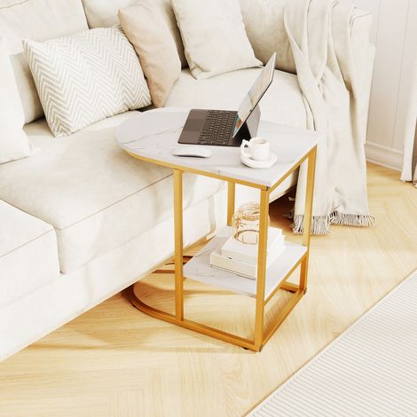 Table d'Appoint en Forme de C Table de Canapé Moderne avec Plateau en Faux Marbre et étagère de Rangement avec Cadre en Métal Blanc (1/3)