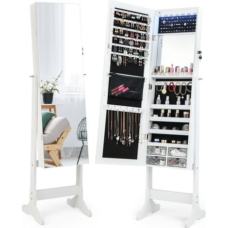 Armoire à bijoux blanche sur pied en MDF avec miroir pleine longueur, éclairage LED et rangement pour chambre, dressing et entrée (1/5)