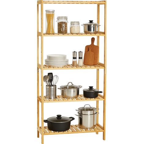 Étagère de salle de bain gain de place à 5 niveaux en bois – Étagère d'angle à lattes pour serviettes, plantes, entrée, chambre, cuisine, salon, balcon – Bois naturel durable – 5 niveaux, couleur bois (1/5)