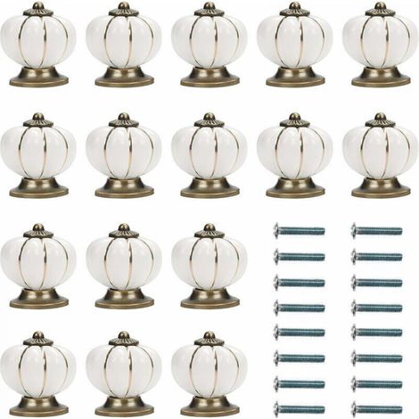 White and Gold Ceramic Furniture Knobs with Pumpkin-Shaped Screws (Pack of 16) - 3.6 x 3.8 cm - Vintage Round Furniture Knobs - For Home, Office, Kitchen Cabinets, Drawers and Cupboards (1/5)