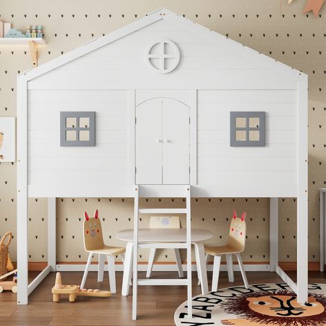 Letto a soppalco a casetta per bambini 90x200 cm con scala, barriera di sicurezza e 2 finestre, legno massello+MDF bianco/grigio (1/5)