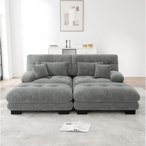 Canapé modulaire d’angle gris en chenille avec ottomans amovibles et coussins lombaires (1/5)