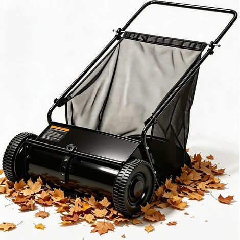 Balayeuse de Pelouse Manuelle 53cm, Ramasseur de Feuilles et Herbe avec Sac de 170L, 4 Brosses Rotatives, Hauteur Réglable 5 Niveaux