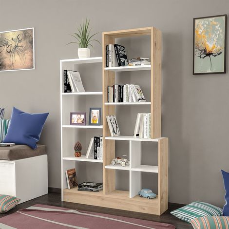 Bibliothèque Monde Étagère Murale - avec étagères - pour Salon, Bureau, Blanc, chêne en Bois, 102,2 x 22 x 160,8 cm (1/3)