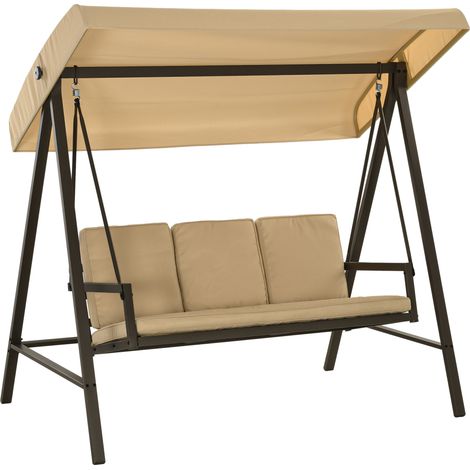 Hollywoodschaukel Gartenschaukel Schaukelbank, verstellbares Sonnendach, 200 cm x 125 cm x 175 cm, Beige + Braun