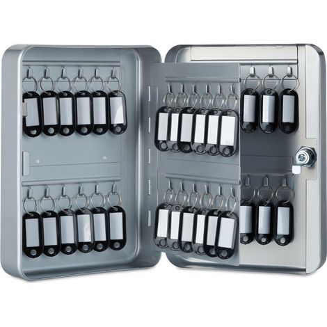 Key Box, Wall-Mounted Key Cabinet, Metal, 48 Hook Storage, Garage Security 25X18X7.5 cm, Grey (1/4)