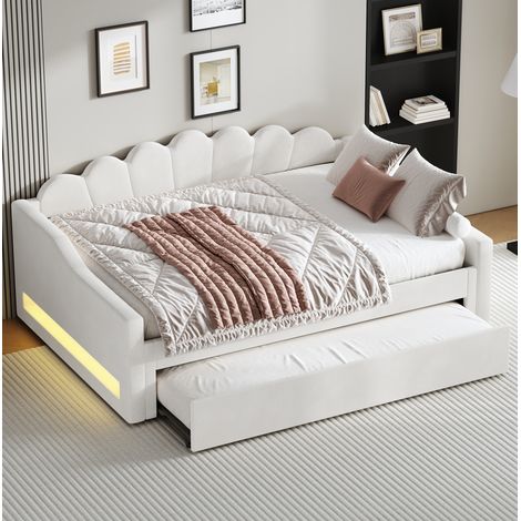 Lit gigogne 140x200 cm avec LED, couchage d'appoint, en lin, beige, sans matelas (1/5)