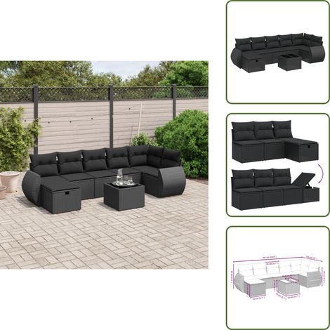 The Living Store Salon de jardin 8 pcs avec coussins noir résine tressée - Ensemble Salon De Jardin - Mobilier De Jardin - Canapé D'extérieur - Chaise Longue - Set Salon Exterieur