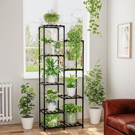 Étagère haute d'angle pour plantes, pour extérieur, intérieur, salon, balcon et jardin, noir (9 pots rectangulaires) (1/5)