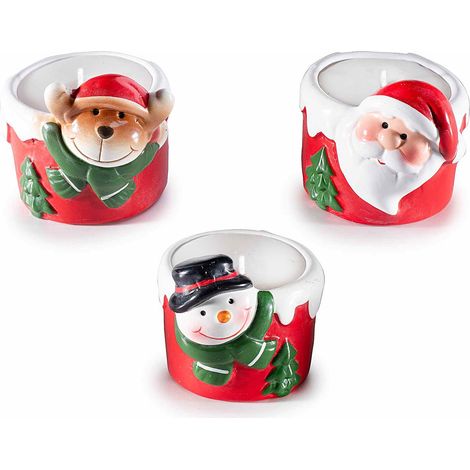Candele di Natale in vasetto di ceramica con personaggio natalizio a renna / pupazzo di neve / babbo natale, set da 12 pezzi, cm 5,5 x 6,5 x 5,5 H