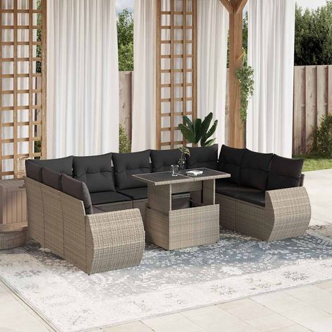 Set sofás jardín 10 pzas con cojines ratán sintético gris claro vidaXL (1/5)