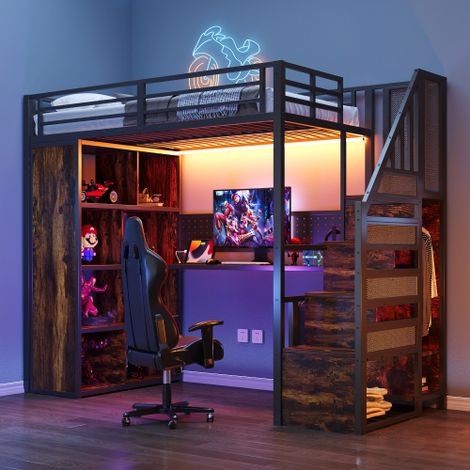 Metall-Hochbett, mit Kleiderschrank und Staufächern, Trittleiter, Schreibtisch mit Steckdosen nach europäischer Norm, Lochblech und LED-Lichtleiste, Großem Stauschrank,Einzelbett