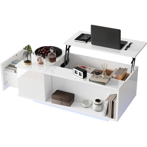 Table basse relevable avec rangement caché, tiroir latéral et bande LED Bluetooth, 100 x 50 x 40 cm, blanche pour salon moderne - CHICFURN (1/5)