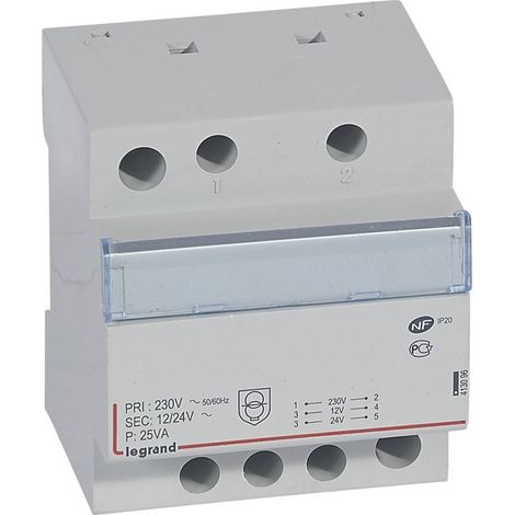 Legrand – Transformateur de sécurité 230V vers 12V ou 24V – 25VA – 4 modules – Montage sur rail – Protection contre courts-circuits