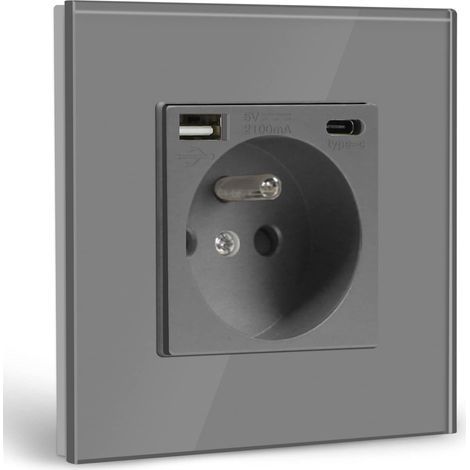 Presa a muro con porta USB e 1 porta Type-C, presa di corrente CA da 16 A con pannello in vetro, multipresa da parete max 2,1 A, adatta per smartphone e tablet (1 presa con USB e Type-C, grigia) (1/4)