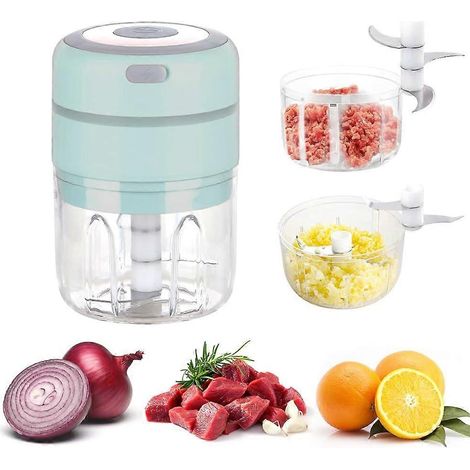 Mini mixeur électrique de cuisine, hachoir électrique rechargeable par USB, mixeur à double bol 250 ml + 100 ml pour pesto, ail, oignon, viande (bleu) (1/5)