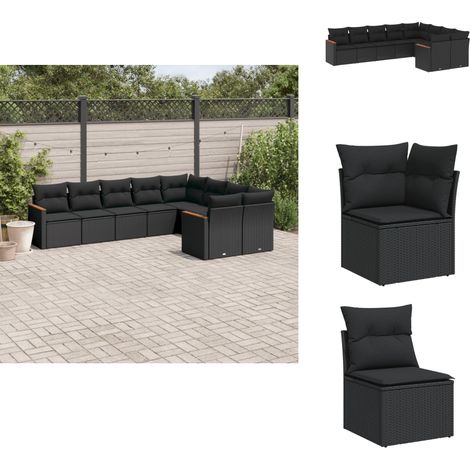 Salon de jardin 9 pcs avec coussins noir résine tressée - Ensemble Salon De Jardin - Mobilier Extérieur - Canapé Jardin - Chaise Lounge - Résine Tressée (1/5)