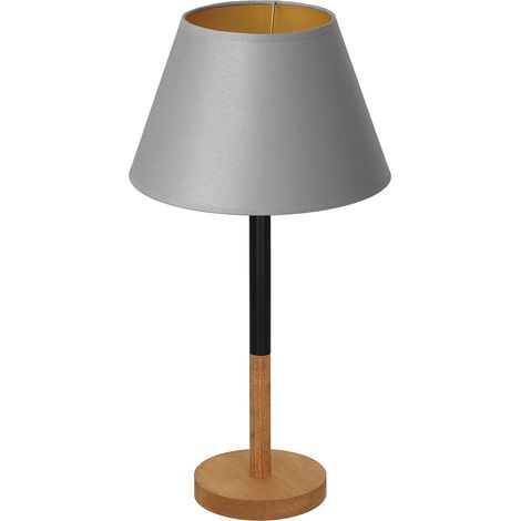 Lampe de table bois, abat-jour gris intérieur or E27