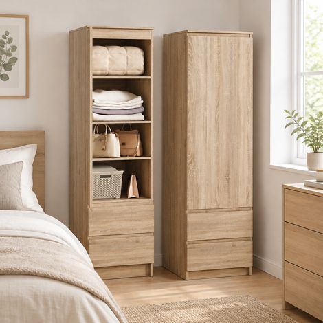 Armoire de Chambre 180 cm, 1 Porte et 2 Tiroirs, Penderie avec Rangement pour Vêtements, Façade Haute Brillance, Brown (1/4)