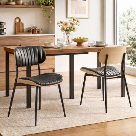 Lot de 2 Chaises de Salle à Manger, Chaises Cuisine sans Accoudoirs, Dossier Incurvé et Assise Rembourrée en PU, Noir (1/5)