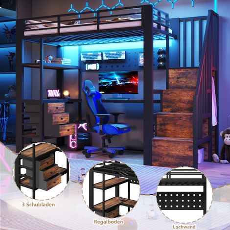 Lit mezzanine 90x200 cm en métal noir, avec étagère, tiroir, panneau perforé, bureau, prise et lumière LED, sans matelas (1/5)
