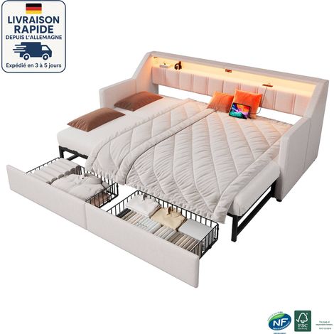Letto estraibile 90x180/200cm - divano letto trasformabile - Scandinavo - Con porte USB e Type-C/telecomando, striscia luminosa a LED, 2 cassetti, tasche portaoggetti - Beige (1/5)
