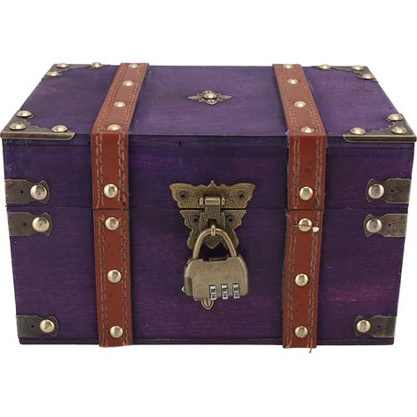 Coffre à trésor vintage en bois avec serrure, rectangulaire, boîte de rangement à bijoux en bois antique, étui décoratif fait main, violet (1/5)