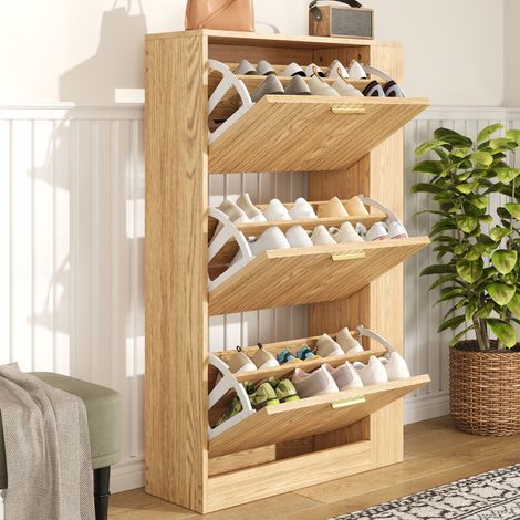 Moderner, minimalistischer Schuhschrank mit drei Türen und offenen Regalen, MDF 70x23,5x115 cm, Naturfarbe