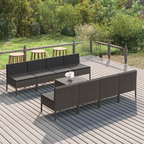 Salon de jardin 9 pcs Ensemble Table et Chaise de Jardin - avec coussins Résine tressée Gris BV488896 - BonneVie (1/5)