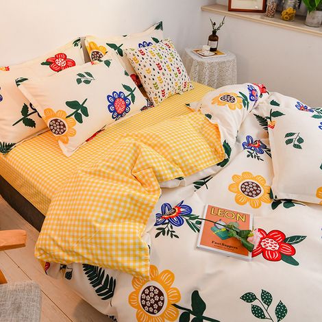 Parure de lit double face motif épaissi coton longue fibre, drap housse couette taie d'oreiller maison motif 3 pièces : drap 1,2m (couette 150x200cm) (1/5)