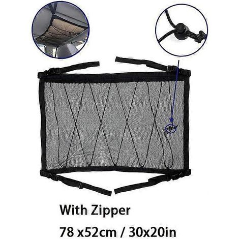 Sac de rangement de toit pour voiture, filet de rangement avec poche de toit, fermeture éclair double couche réglable, accessoires de rangement intérieur pour voiture (avec fermeture éclair)