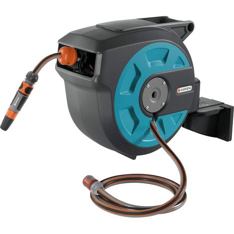 Gardena – Dévidoir mural automatique 15 m – Tuyau d'arrosage 13 mm – Support mural pivotant 180° – Dispositif anti-goutte