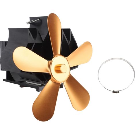 Wall Mounted Fireplace Fan 5 Blade Heat Powered Wood Stove Fan for Wood Log Burning Gold