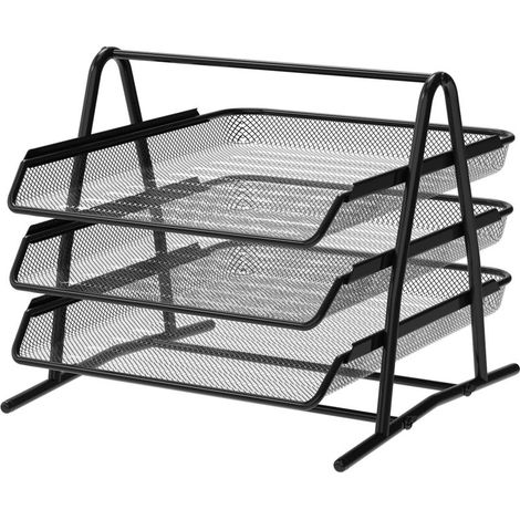 Plateau Organisateur de Bureau et de Documents 3 Niveaux Noir. Dossier A4, Caisson de Bureau, Classeurs, Bureau d'ordinateur, Organisateur de Tiroirs, Matériau en Maille Métallique Noir (1/5)