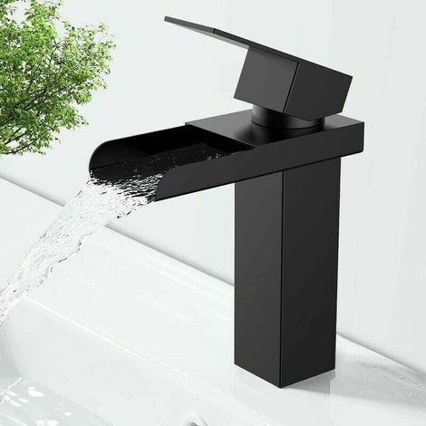 YMYNY Robinet Cascade Noir Mitigeur de Lavabo Monotrou Robinetterie Lave-mains avec Levier Unique en Acier Inox Robinet Salle de Bain