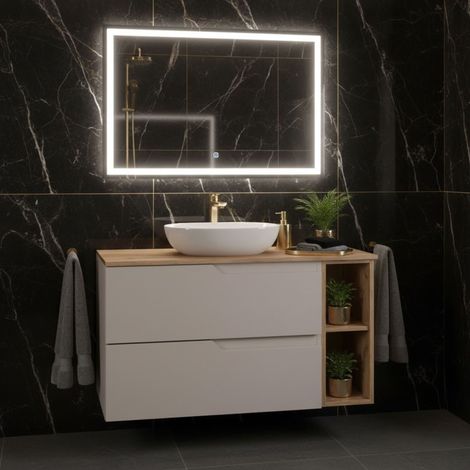 Meuble de salle de bain suspendu 100 cm, beige et brun, plan de toilette, 2 tiroirs et étagère latérale, sans vasque – MODERN (1/5)