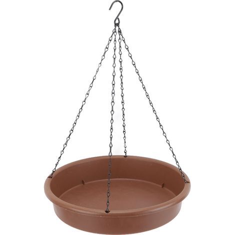 Hanging bird bath feeder, round brown plastic tray for outdoor use (1/5)