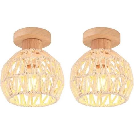 2pcs Plafonnier Industriel Lampe de Plafond en Rotin Blanc E27 Luminaire Lustre Vintage Abat-jour Cage pour Salon Chambre (1/5)