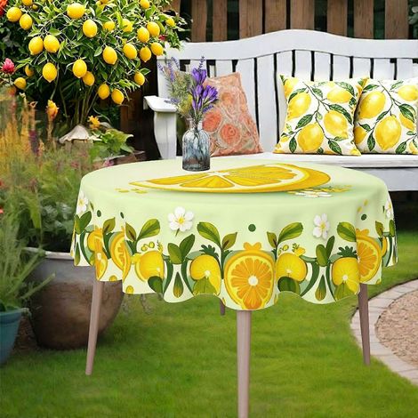 Nappe ronde blanche à imprimé citron jaune (1 pièce), idéale pour les pique-niques et autres occasions spéciales. Résistante et parfaite pour les repas en plein air. (1/4)
