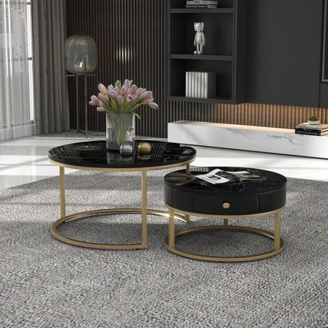 (original sku WF303615AAA) Moderner Nesting Couchtisch Hochglanz Marmormuster 2er Set runde Couchtische Runder Nested Beistelltisch (1/5)