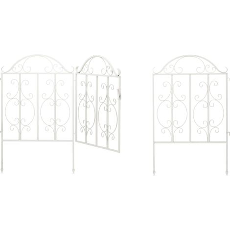 Relaxdays Gartentor, 3-teilig, Stahl, Gartenpforte Ornamente, Gartentür mit 2 Zaunelementen, HxB: 98,5 x 185 cm, weiß