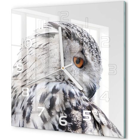 Horloge Murale Carrée Art Déco en Verre Silencieuse Décoration Intérieure Hibou blanc 30x30 cm (1/5)
