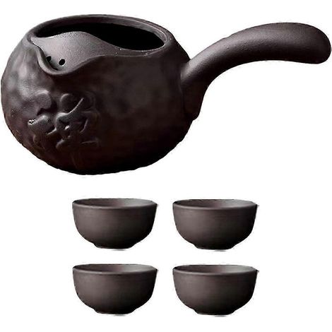 Tragbare Teekanne und Tassen aus Keramik für kochend heißes Wasser, geeignet für losen Tee mit hitzebeständigem Griff und ideal für Wanderungen und die Küche.-Black with word (1/5)