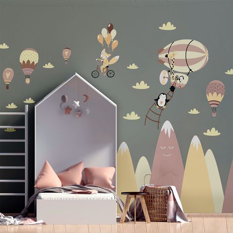 Stickers montagnes scandinaves animaux dans le ciel 120 x 180 cm
