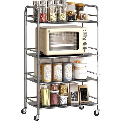 Desserte cuisine, chariot de service à 4 niveaux en acier inoxydable 201 avec poignées, roues, 60 x 35 x 100 cm, argenté