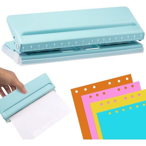 Perforatrice 6 trous réglable, en métal, formats A5, A6 et A7, avec repères de positionnement et espacement des trous ajustable pour agendas et carnets personnels. (1/5)